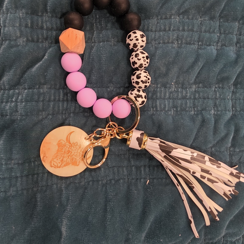 Lavender and Black Beaded Keychain with Tassel